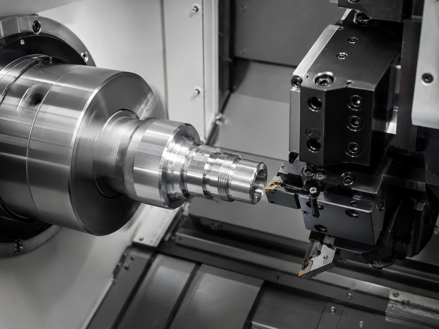 CNC turning process close-up in machining workshop
