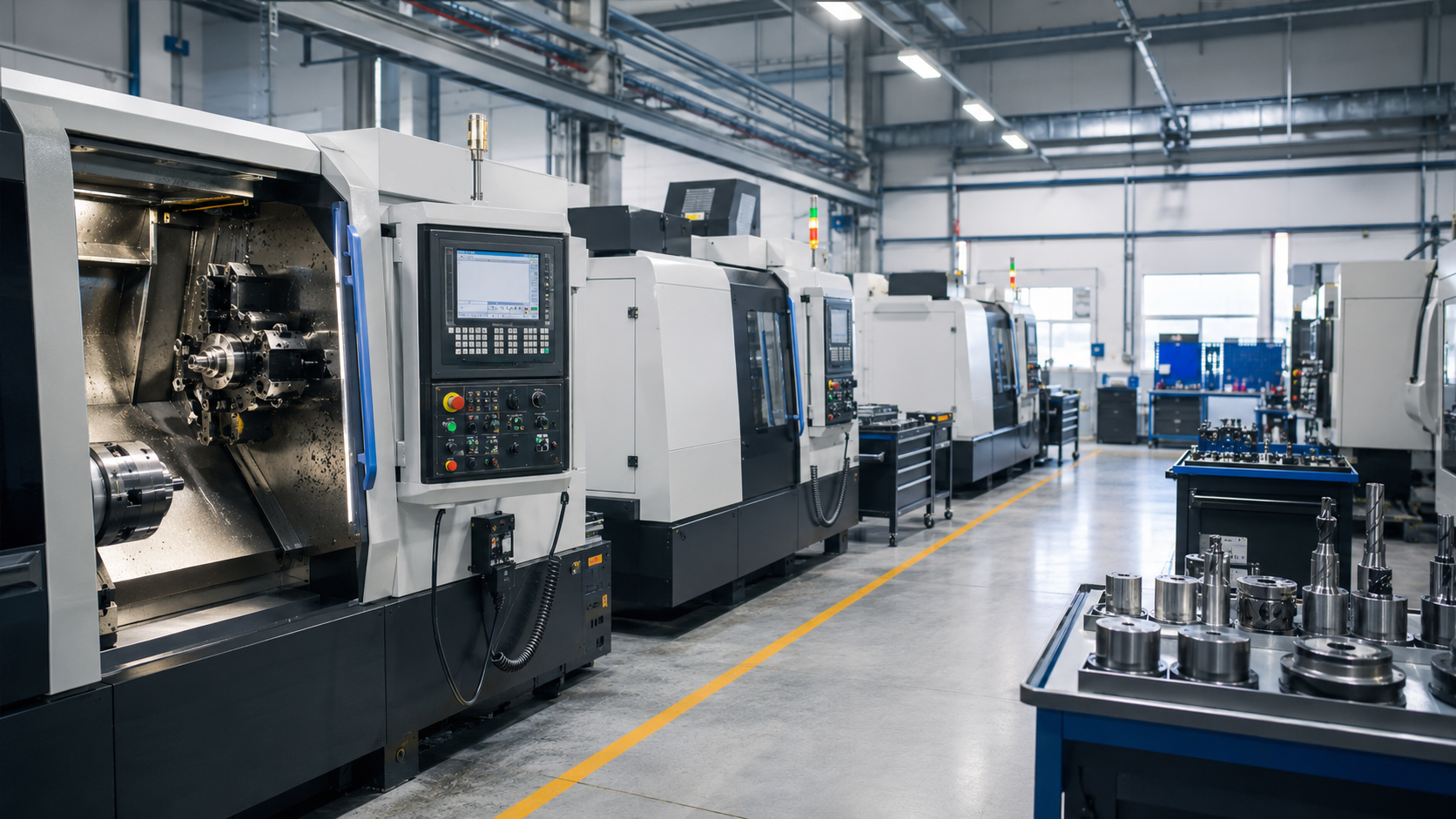 Factory workshop overview for CNC turning and machining