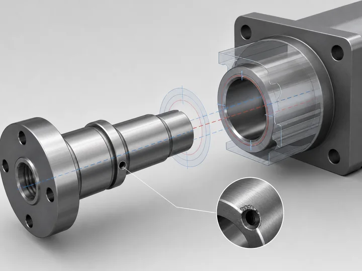 Technical illustration of shaft-to-bore assembly alignment, datum relationship and burr risk