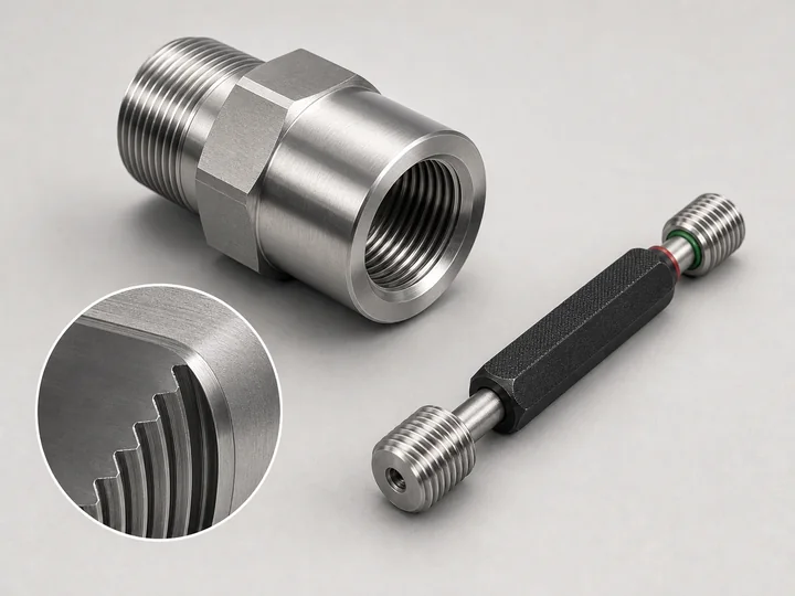 Technical illustration of a threaded CNC component, entry chamfer and thread-fit gauge inspection